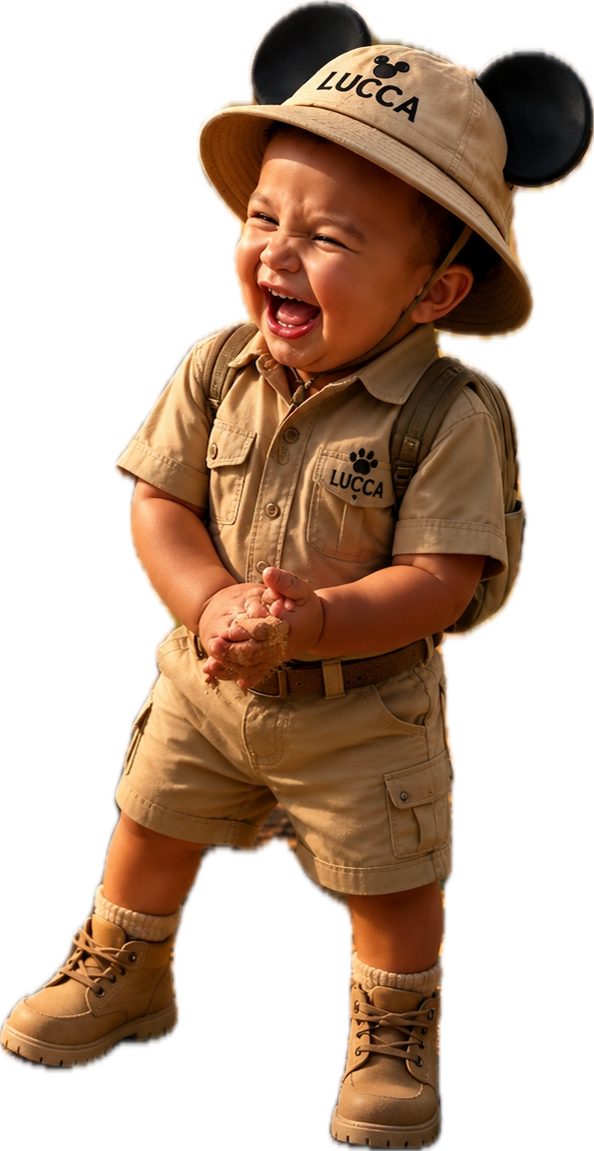 Foto do Luccca vestido de explorador, com chapéu e binóculos, em tema Mickey safari